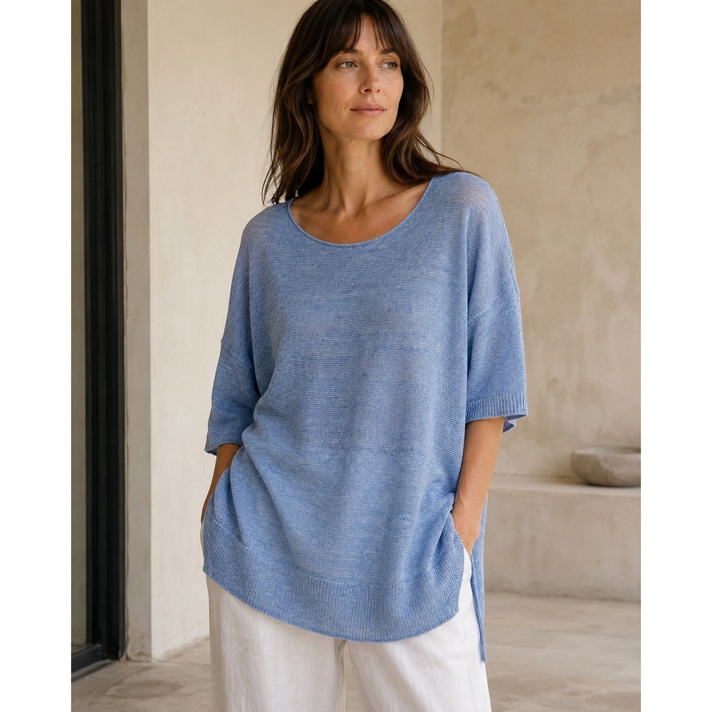 Eileen Fisher 100% Linen Open Knit Semi Sheer Longline Tunic Top Split Hem M